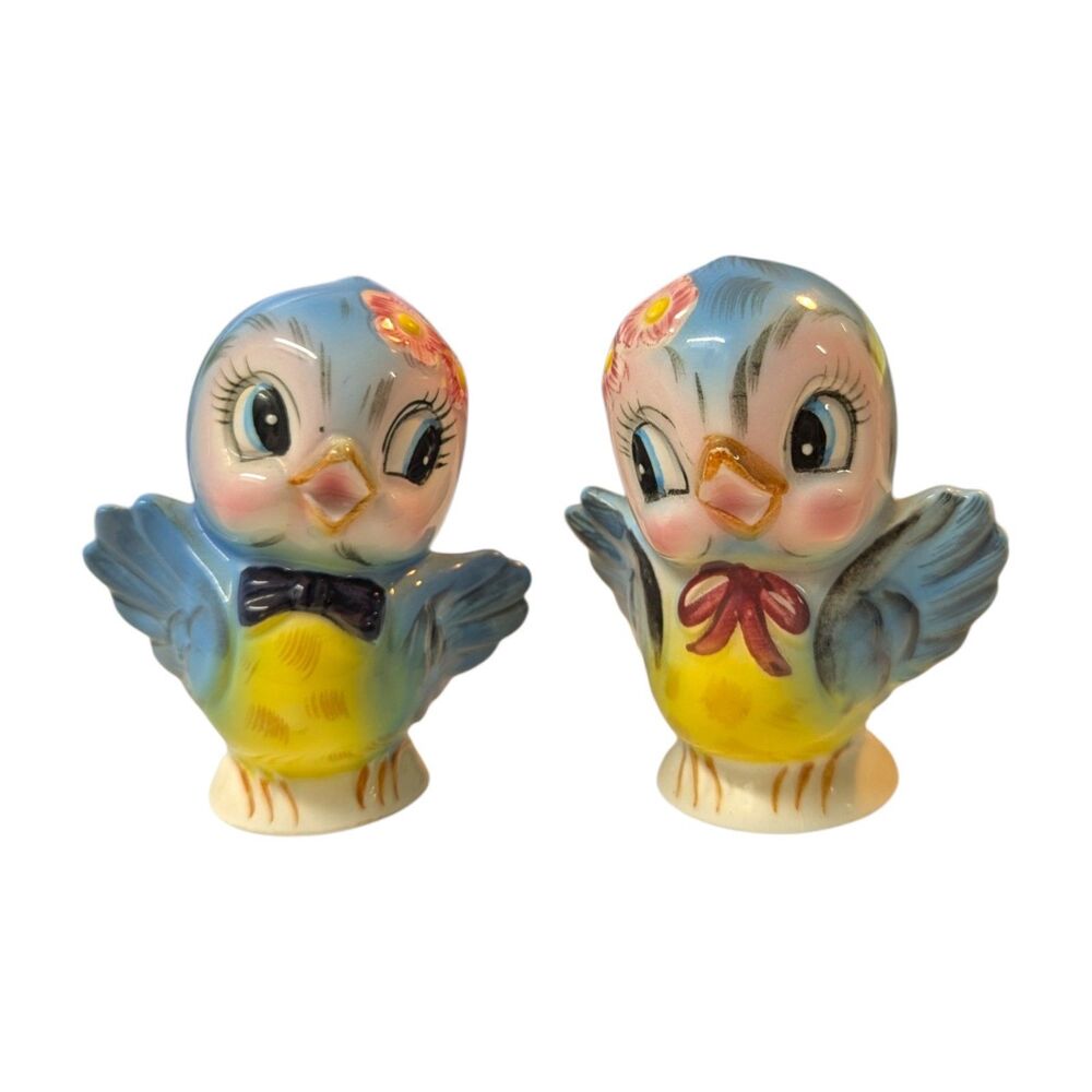 Vintage Lefton Mr & Mrs Blue Bird Salt Pepper Shakers 1950s Japan Label Stoppers